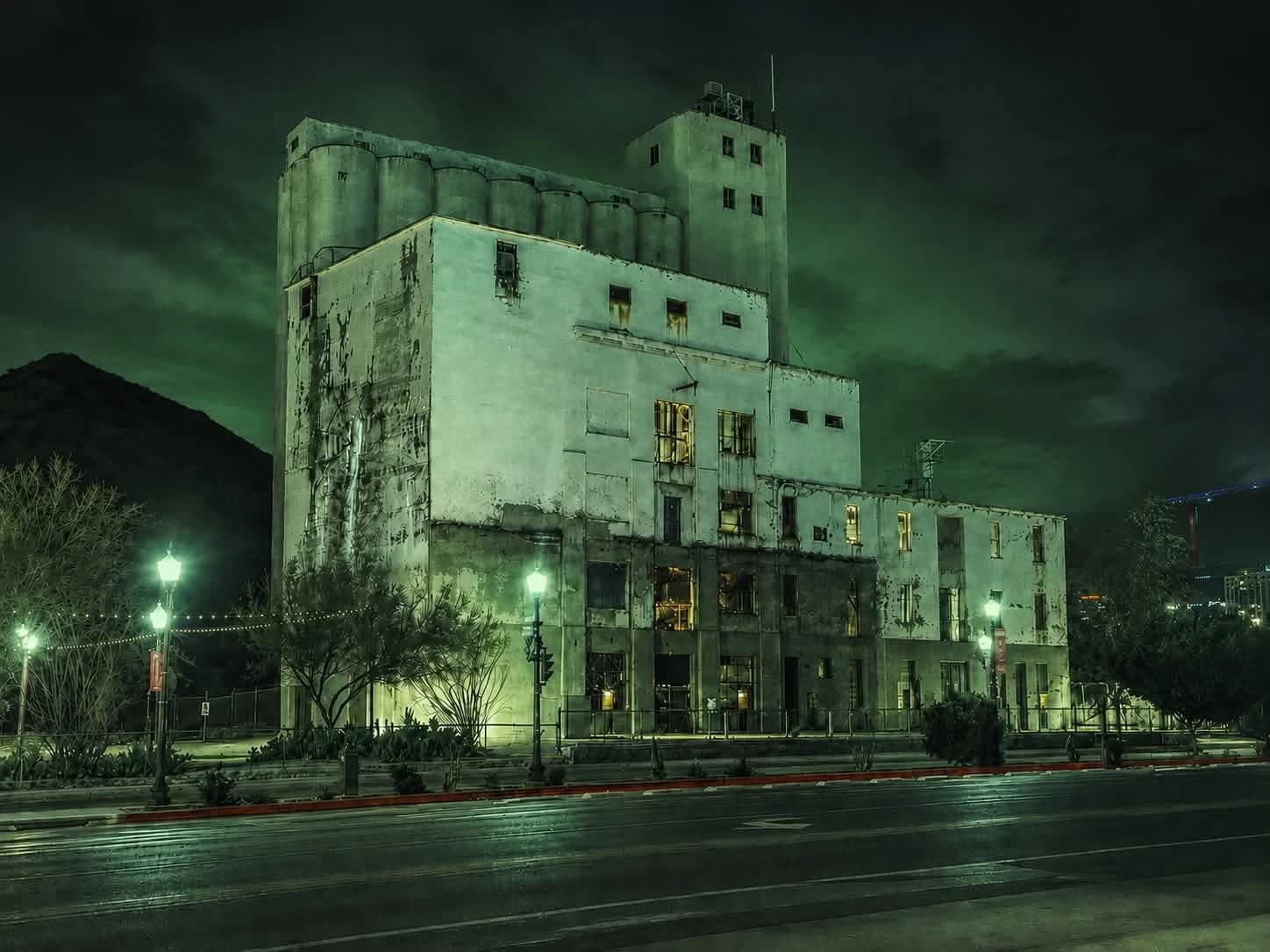 Hayden Flour Mill illuminated at night in Tempe
