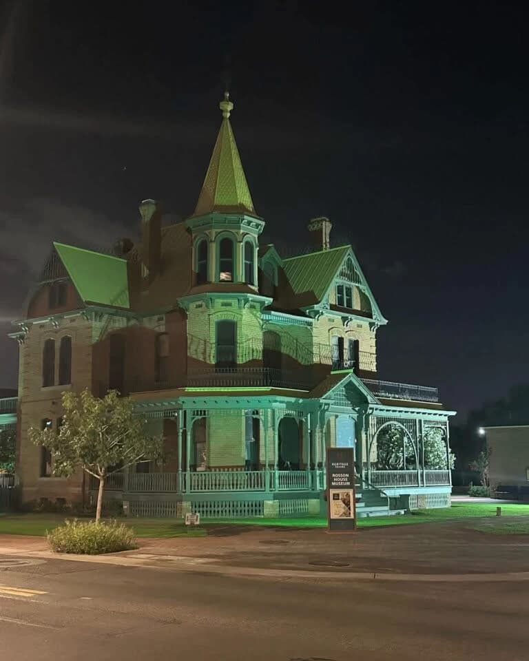 Rosson House illuminated at night in Phoenix